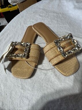 Women’s Tan Woven Slide Sandals with Rhinestone Buckle